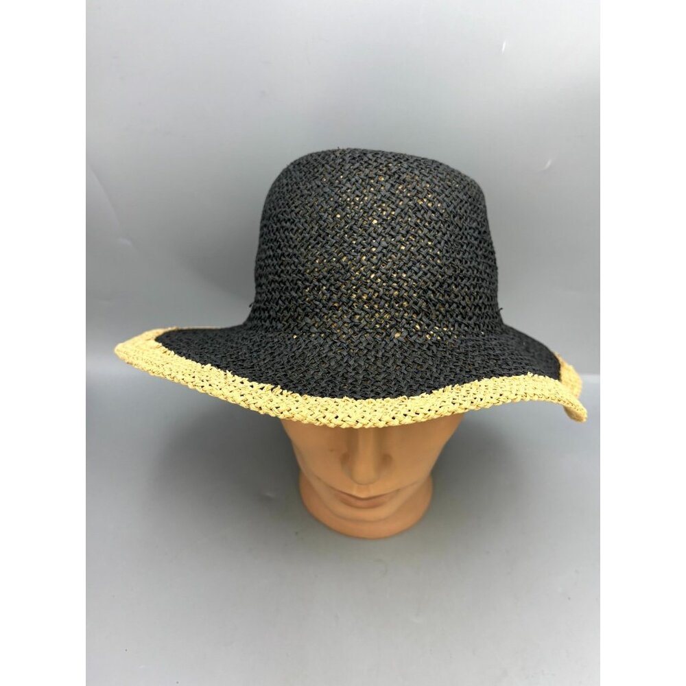 Raffia Bucket Hat Black Beige Wide Brim Straw Sun Protection Beach 22"
